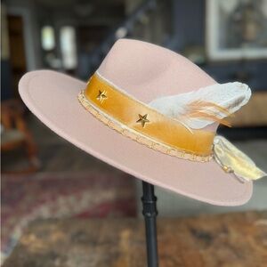 Taupe Felt Fedora with Gold Star Band & Gorgeous Feathers